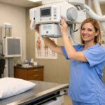 Chest X-ray machine in a U.S. medical clinic ready for imaging.