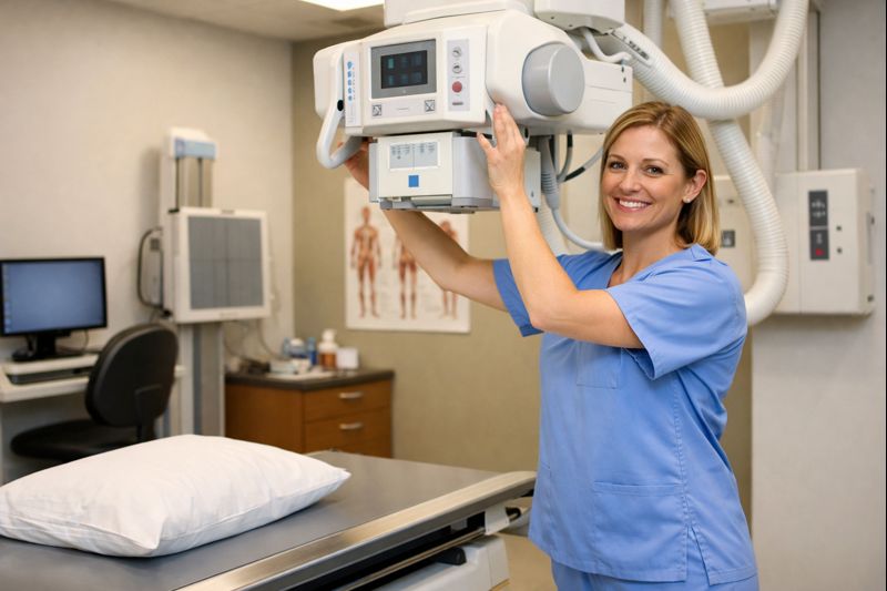 Chest X-ray machine in a U.S. medical clinic ready for imaging.